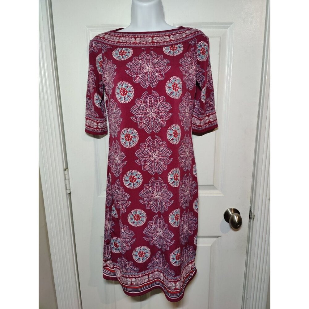 Max Studio Red Boho Floral Boat Neck Half Sleeve Stretch Midi Dress S